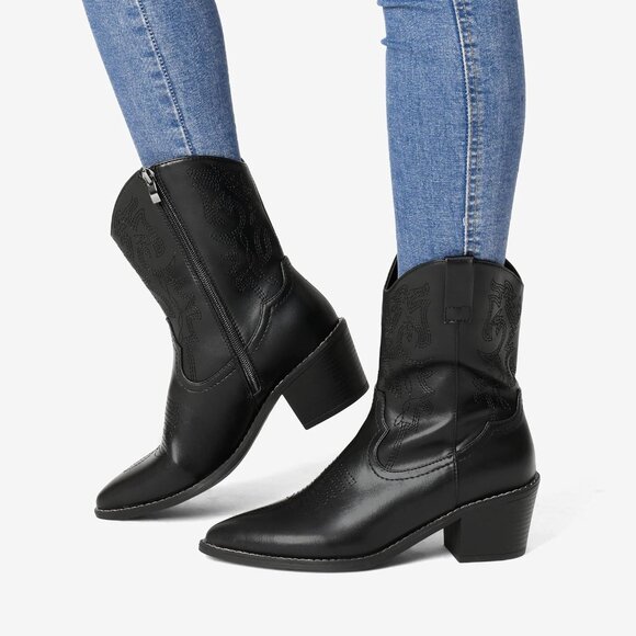 🆕Women  Black PU Cowboy Boots Pointed Toe Chunky Heel Western Ankle Booties - Picture 5 of 5